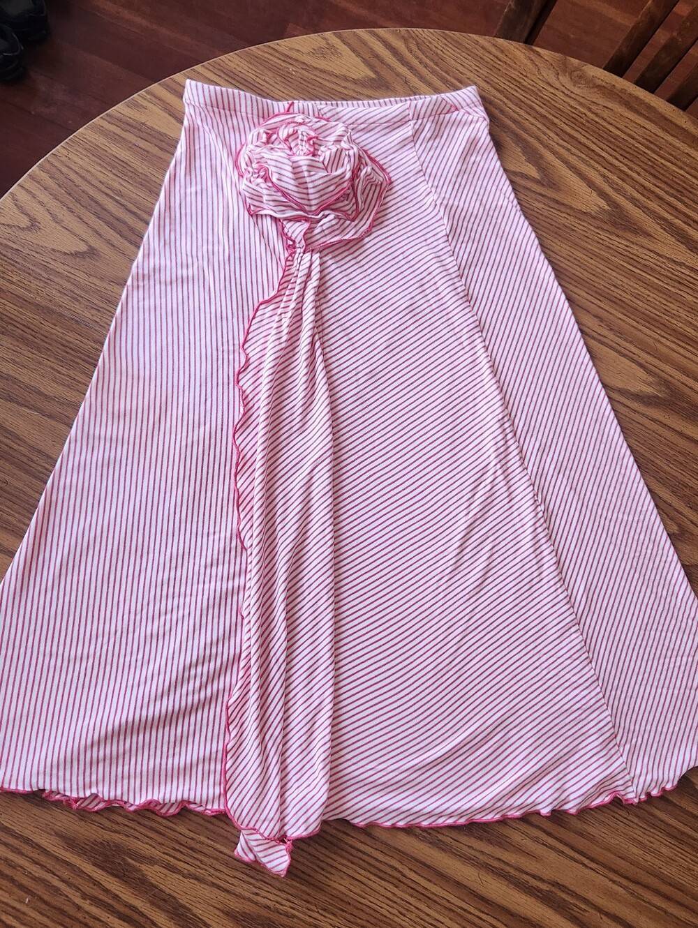 Oilily Pink and White Striped Cotton Skirt with Ruffle Floral Accent